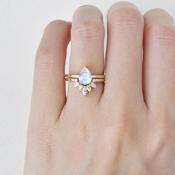Pear Shaped Blue Moonstone Tribal Solitaire Ring Set - Yellow - Finger