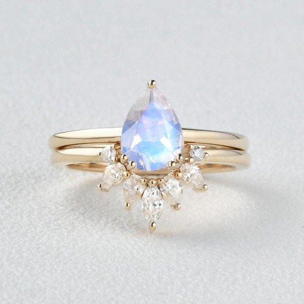 Pear Shaped Blue Moonstone Tribal Solitaire Ring Set - Yellow - Front