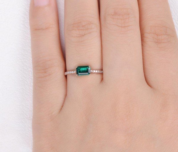 Emerald Cut Green Lab Emerald Eternity Ring - Finger