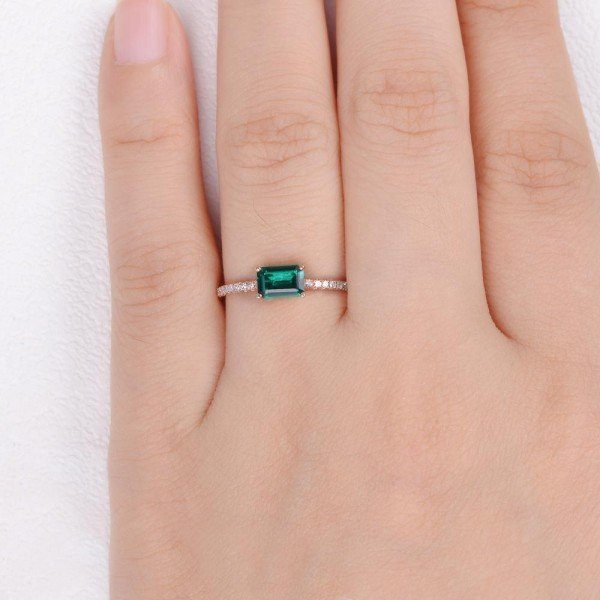 Emerald Cut Green Lab Emerald Eternity Ring - Finger