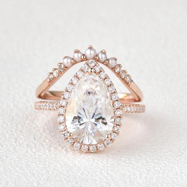 Pear Shaped Moissanite Vintage Halo Ring Set - Front