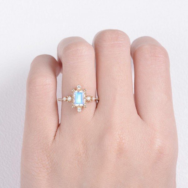 Emerald Cut Moonstone Beaded Art Deco Ring - Finger