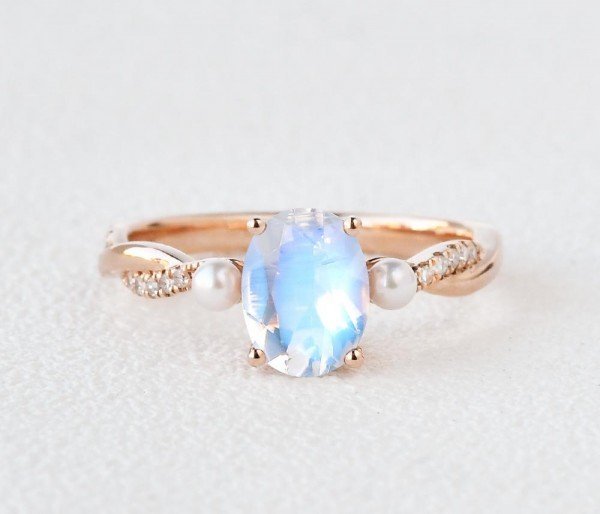 Oval Shaped Moonstone Trinity Twist Ring - Front