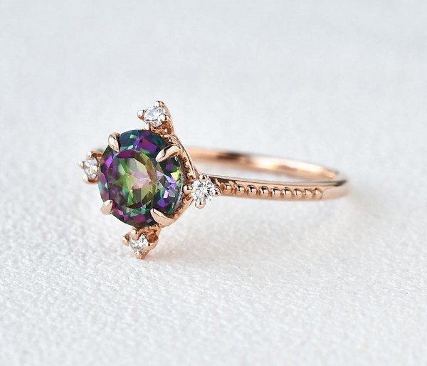 Round Mystic Topaz Crown Beaded Ring - Rose - Side