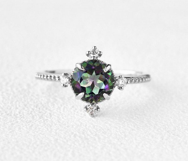 Round Mystic Topaz Crown Beaded Ring - White - Front