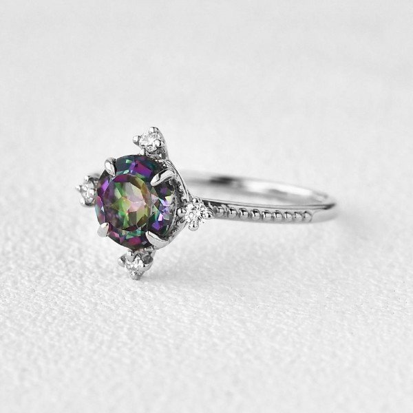 Round Mystic Topaz Crown Beaded Ring - White - Side