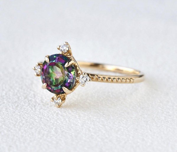 Round Mystic Topaz Crown Beaded Ring - Yellow - Side