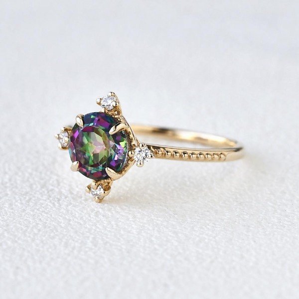 Round Mystic Topaz Crown Beaded Ring - Yellow - Side