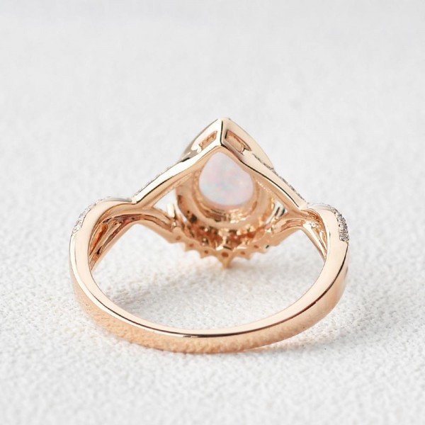 Pear Shaped Lab Opal Halo Twist Pave Ring - Rose - Back