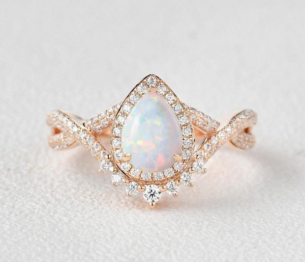 Pear Shaped Lab Opal Halo Twist Pave Ring - Rose - Front