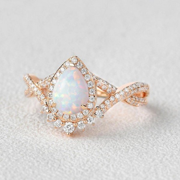 Pear Shaped Lab Opal Halo Twist Pave Ring - Rose - Side