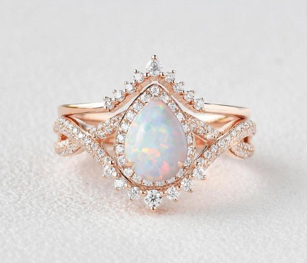 Pear Shaped Lab Opal Halo Twist Pave Ring Set - Rose - Front