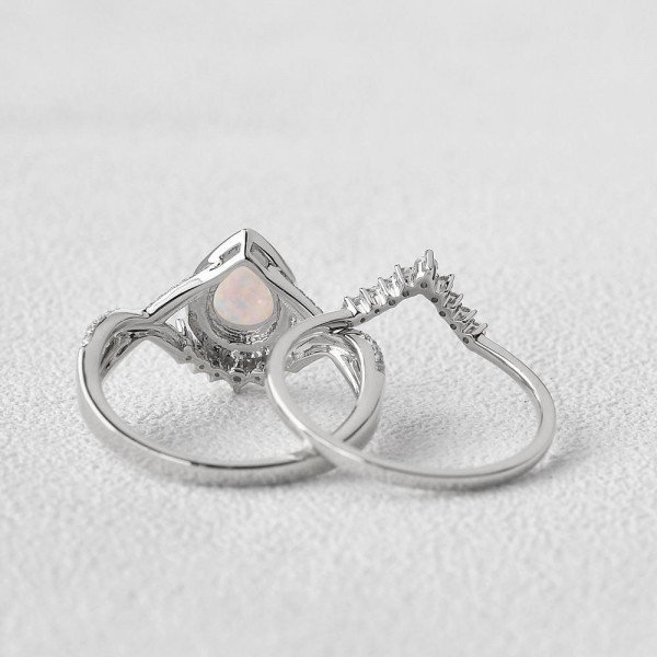 Pear Shaped Lab Opal Halo Twist Pave Ring Set - White - Back