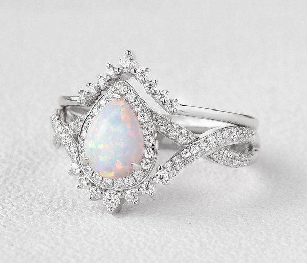 Pear Shaped Lab Opal Halo Twist Pave Ring Set - White - Side