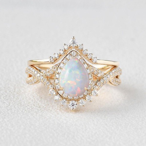 Pear Shaped Lab Opal Halo Twist Pave Ring Set - Yellow - Front