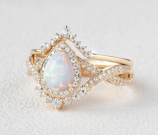 Pear Shaped Lab Opal Halo Twist Pave Ring Set - Yellow - Side