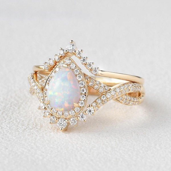Pear Shaped Lab Opal Halo Twist Pave Ring Set - Yellow - Side