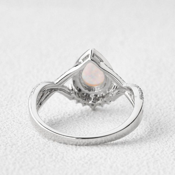 Pear Shaped Lab Opal Halo Twist Pave Ring - White - Back