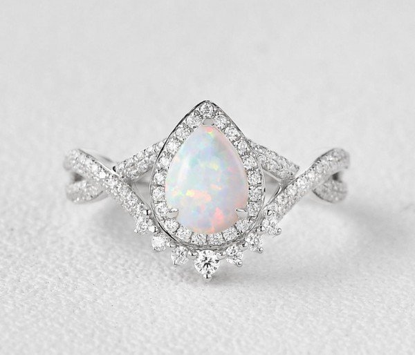 Pear Shaped Lab Opal Halo Twist Pave Ring - White - Front