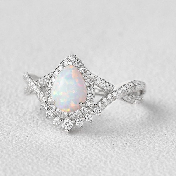 Pear Shaped Lab Opal Halo Twist Pave Ring - White - Side