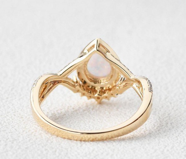 Pear Shaped Lab Opal Halo Twist Pave Ring - Yellow - Back