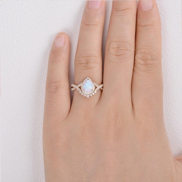 Pear Shaped Lab Opal Halo Twist Pave Ring - Yellow - Finger