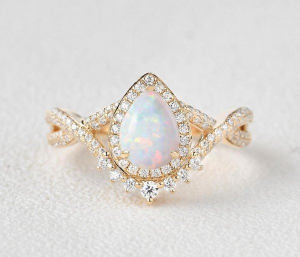 Pear Shaped Lab Opal Halo Twist Pave Ring - Yellow - Front