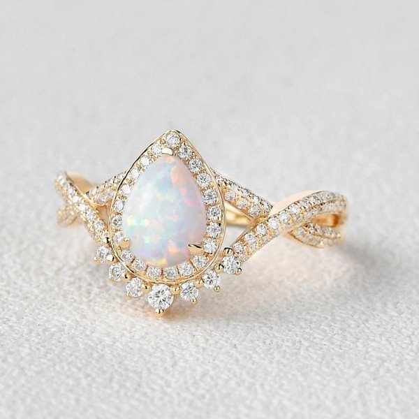 Pear Shaped Lab Opal Halo Twist Pave Ring - Yellow - Side