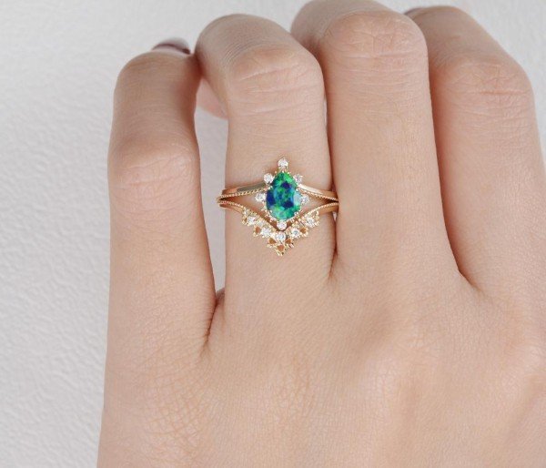 Pear Shaped Opal Tiara Beaded Ring Set - Finger