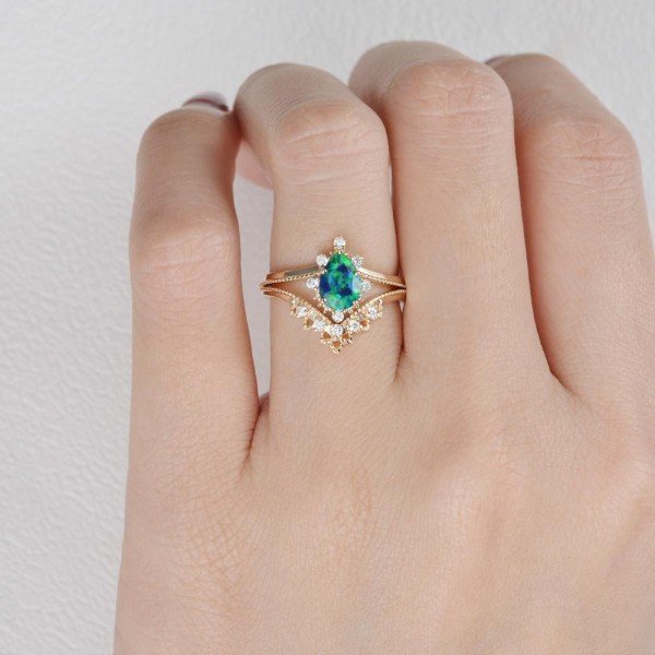 Pear Shaped Opal Tiara Beaded Ring Set - Finger