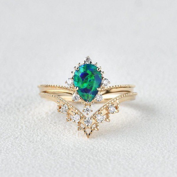 Pear Shaped Opal Tiara Beaded Ring Set - Front