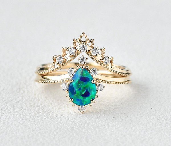 Pear Shaped Opal Tiara Beaded Ring Set - Front