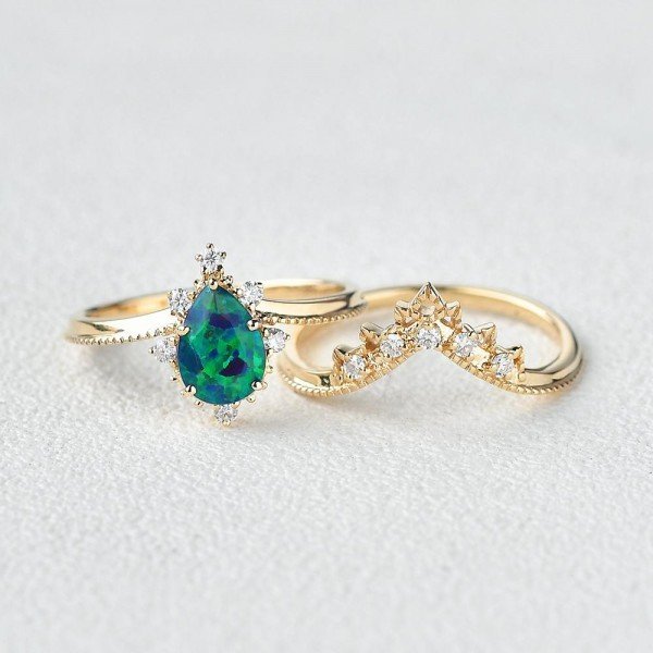 Pear Shaped Opal Tiara Beaded Ring Set - Front - Separate