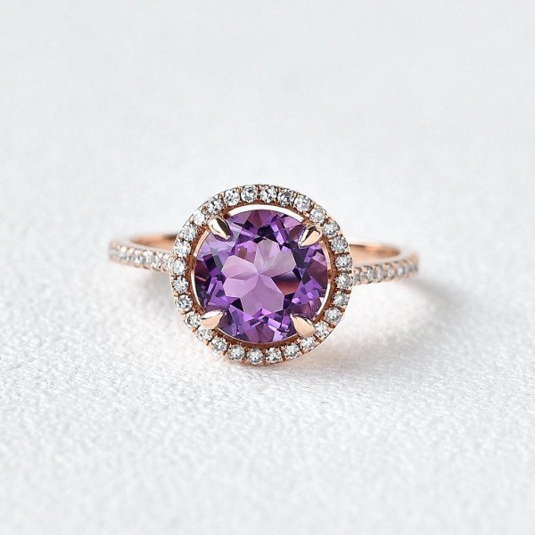 Round Amethyst Halo Eternity Ring - Front